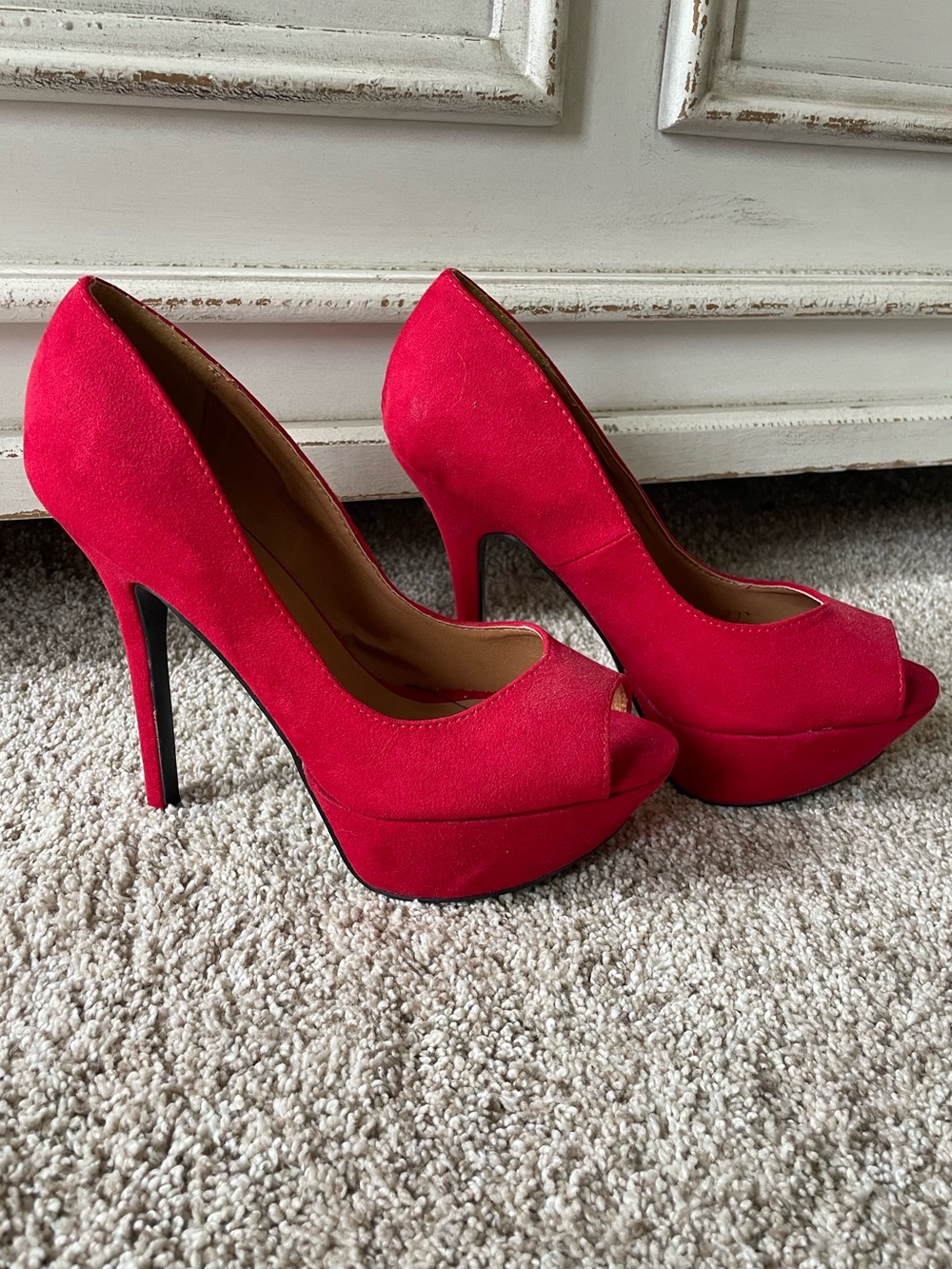 Qupid Women’s Red Peep-Toe Platform High Heels
